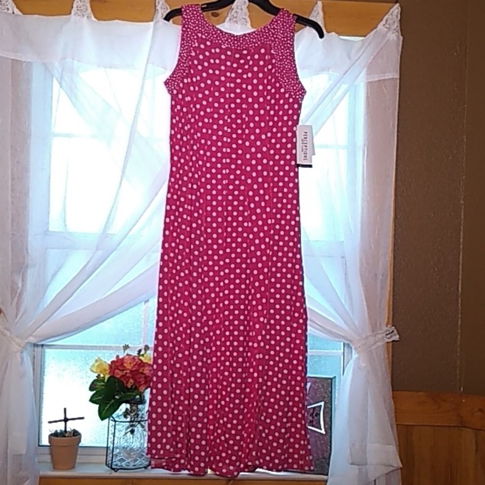Perceptions long pink and white polkadot dress